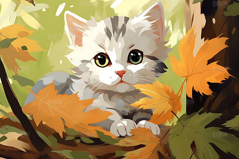 灌木丛小猫自然高清插画
