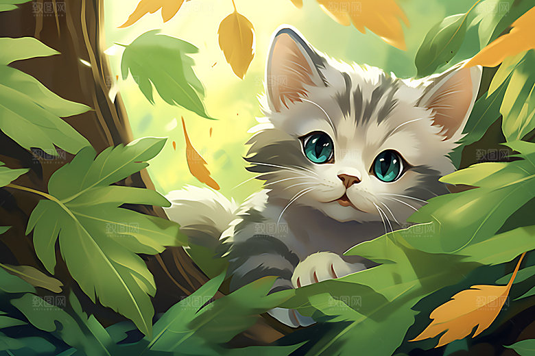 灌木丛小猫可爱森林猫咪插画