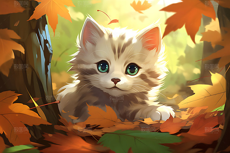灌木丛小猫童话可爱插画