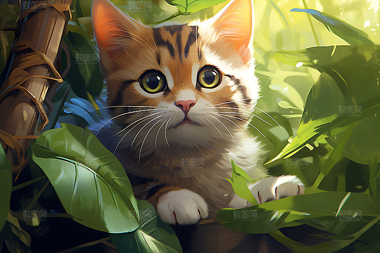 灌木丛小猫可爱小动物插画