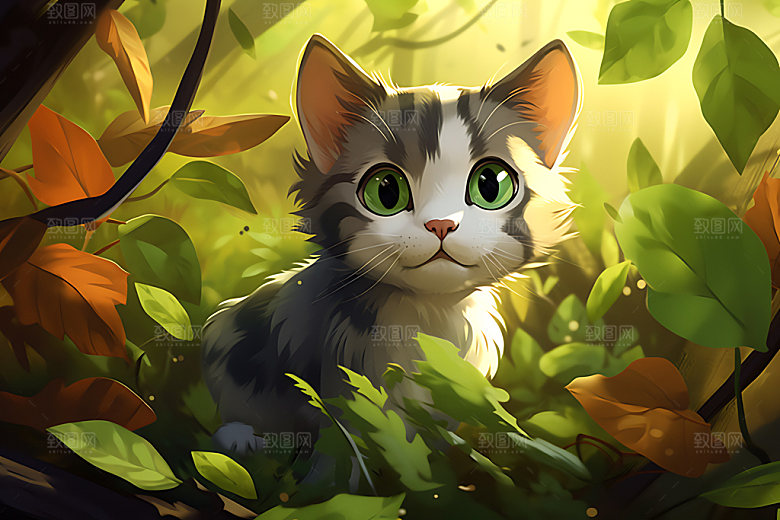 灌木丛小猫自然清新插画