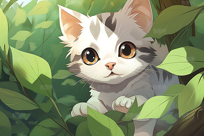 灌木丛小猫小动物可爱插画