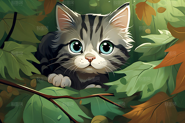 灌木丛小猫高清童话插画