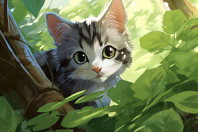 灌木丛小猫清新森林猫咪插画