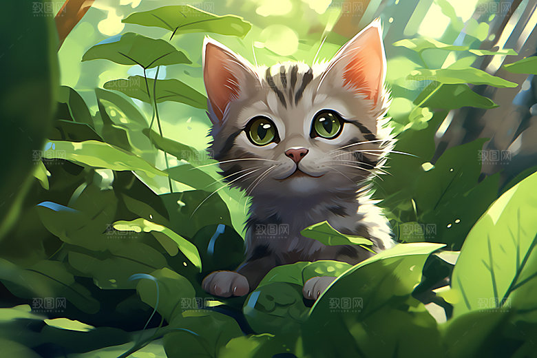 灌木丛小猫清新童话插画