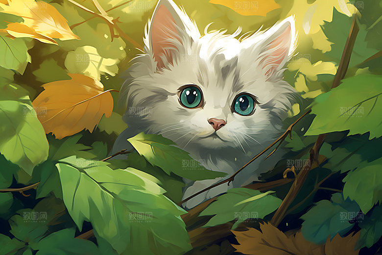 灌木丛小猫童话高清插画