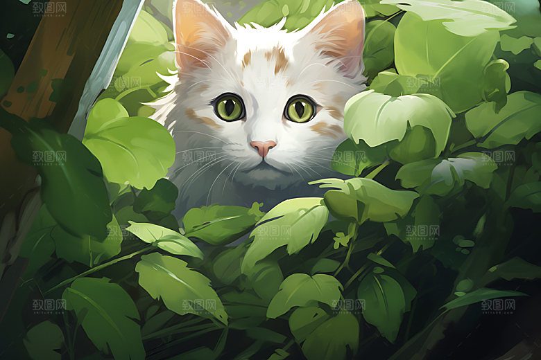 灌木丛小猫森林猫咪可爱插画