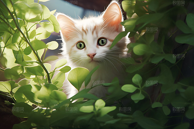 灌木丛小猫童话清新插画