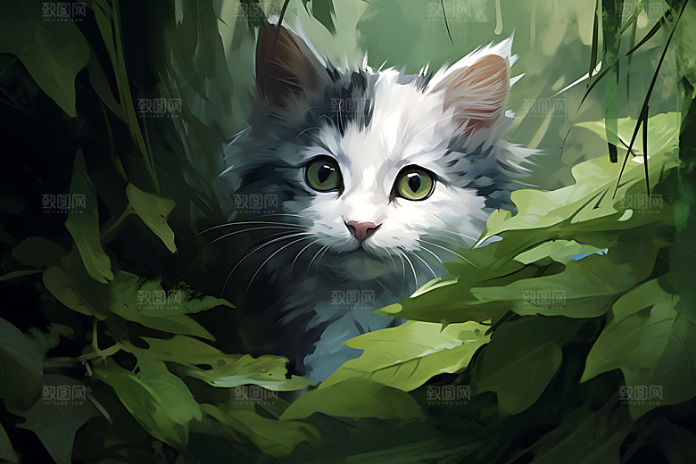 灌木丛小猫自然小动物插画