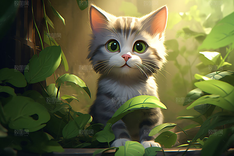 灌木丛小猫可爱森林猫咪插画