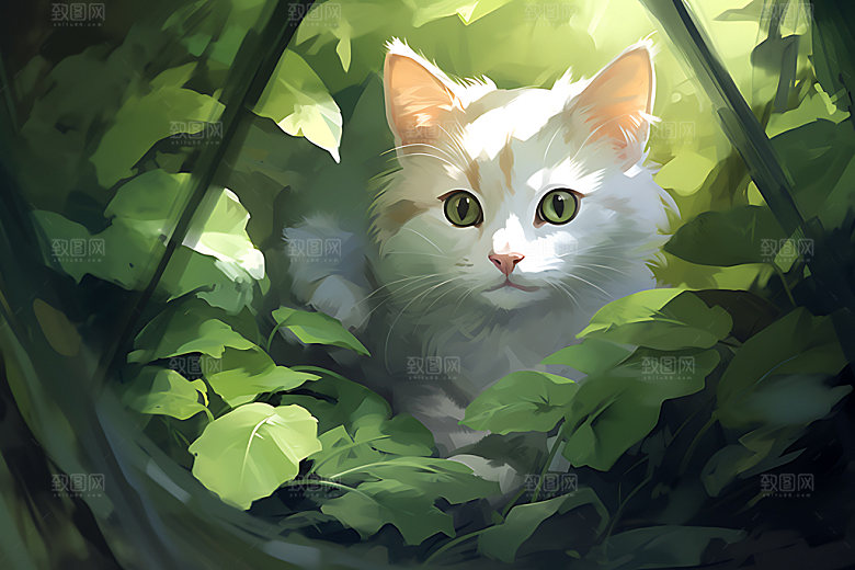 灌木丛小猫森林猫咪可爱插画