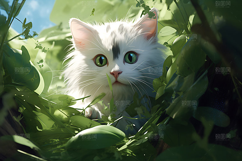灌木丛小猫森林猫咪自然插画