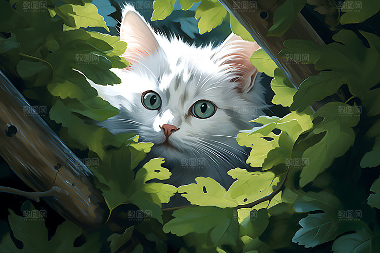 灌木丛小猫自然清新插画