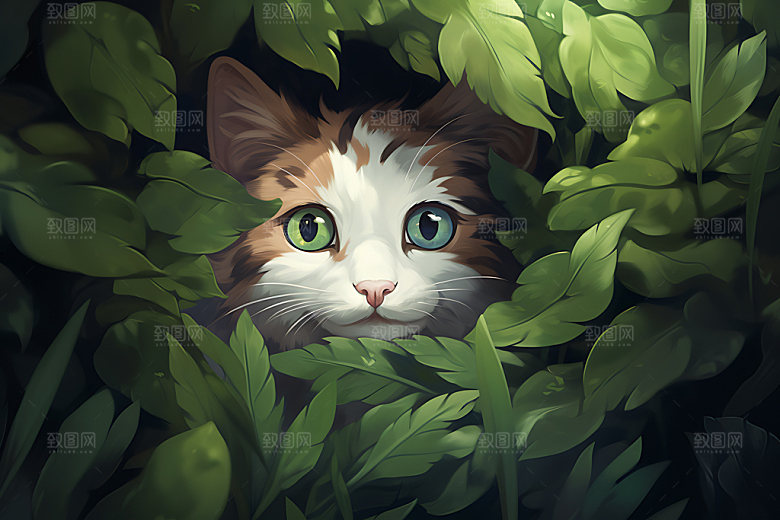 灌木丛小猫高清清新插画