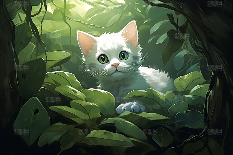 灌木丛小猫童话森林猫咪插画