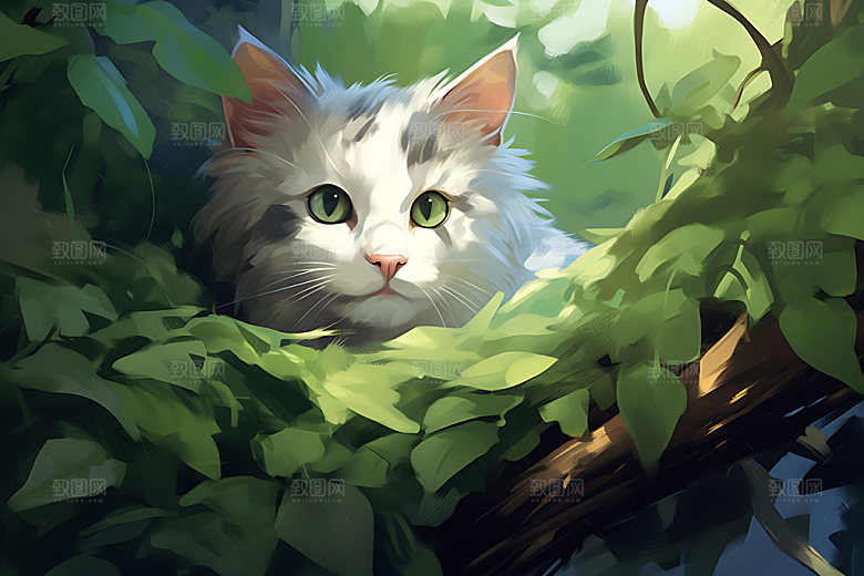 灌木丛小猫清新高清插画