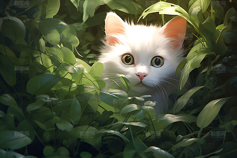 灌木丛小猫森林猫咪清新插画