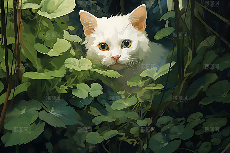 灌木丛小猫清新小动物插画
