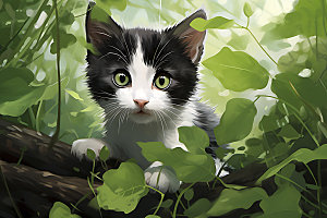 灌木丛小猫童话清新插画