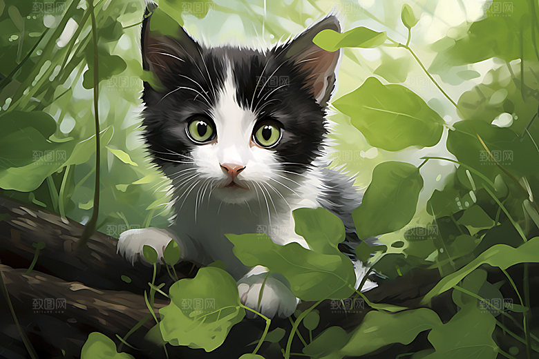 灌木丛小猫童话清新插画