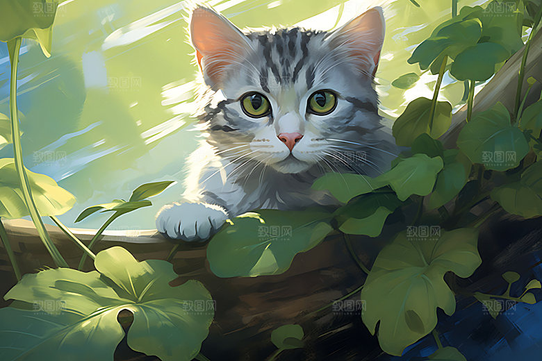 灌木丛小猫高清童话插画