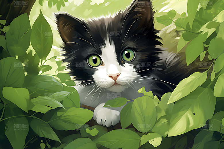 灌木丛小猫小动物高清插画