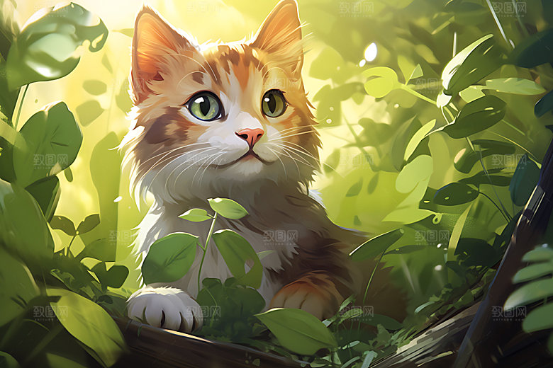 灌木丛小猫高清自然插画