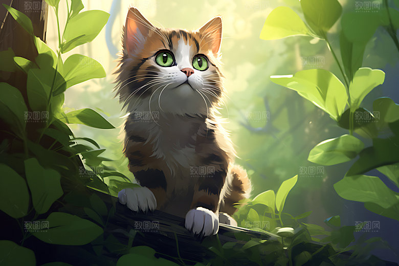 灌木丛小猫童话自然插画