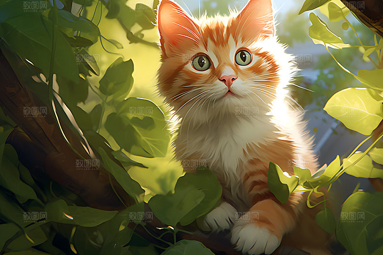 灌木丛小猫清新自然插画