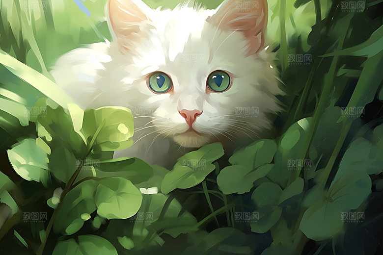 灌木丛小猫可爱童话插画