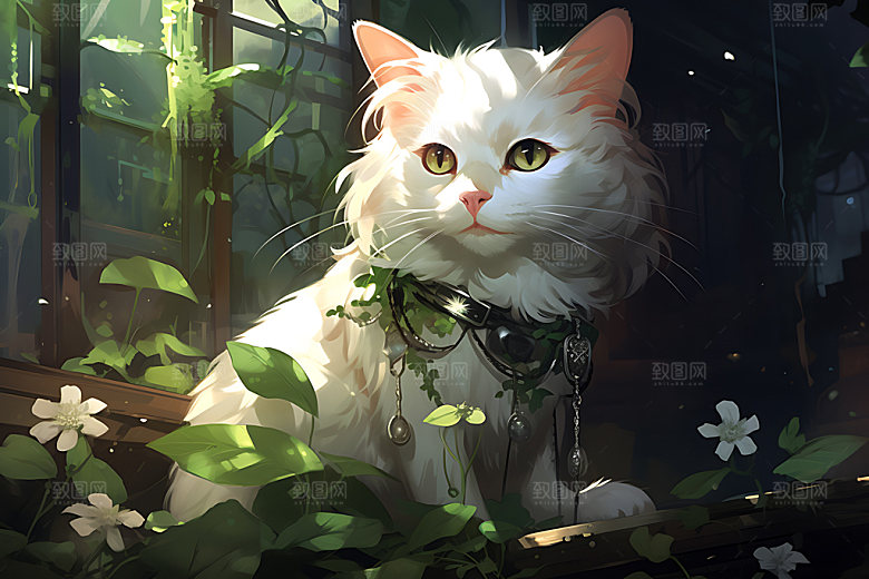 灌木丛小猫自然小动物插画