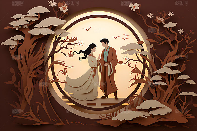 七夕乞巧节情侣剪纸风插画
