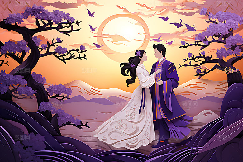 七夕牛郎织女中国风剪纸风插画