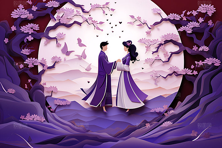 七夕中国情人节中国风剪纸风插画