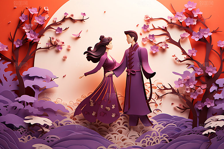 七夕牛郎织女中式剪纸风插画