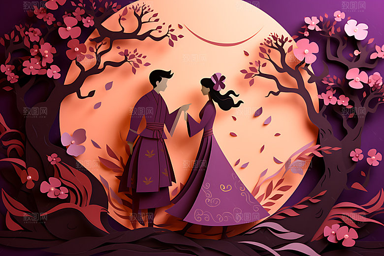 七夕情侣中国风剪纸风插画
