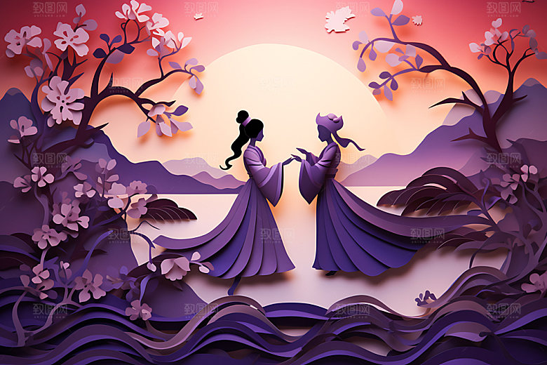 七夕牛郎织女中国风剪纸风插画