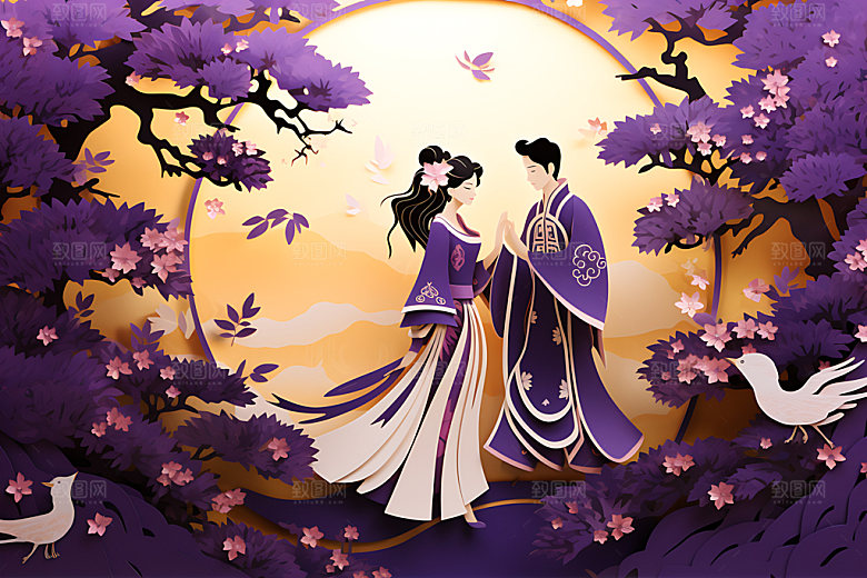七夕爱情元素中式剪纸风插画