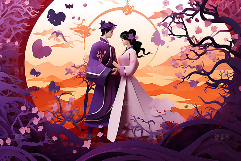 七夕中式乞巧节剪纸风插画