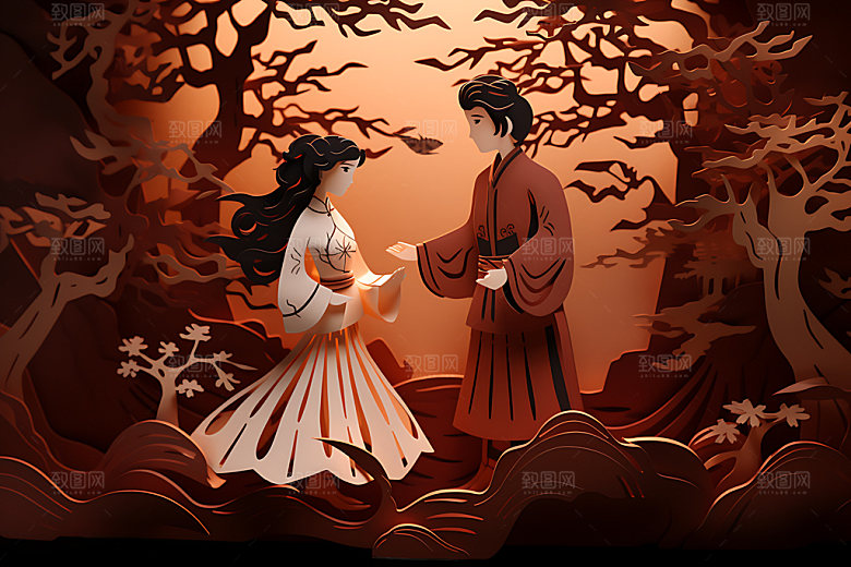 七夕中国风牛郎织女剪纸风插画