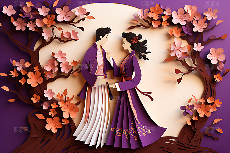 七夕中国情人节情侣剪纸风插画