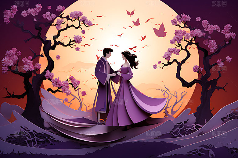 七夕中式中国传统剪纸风插画