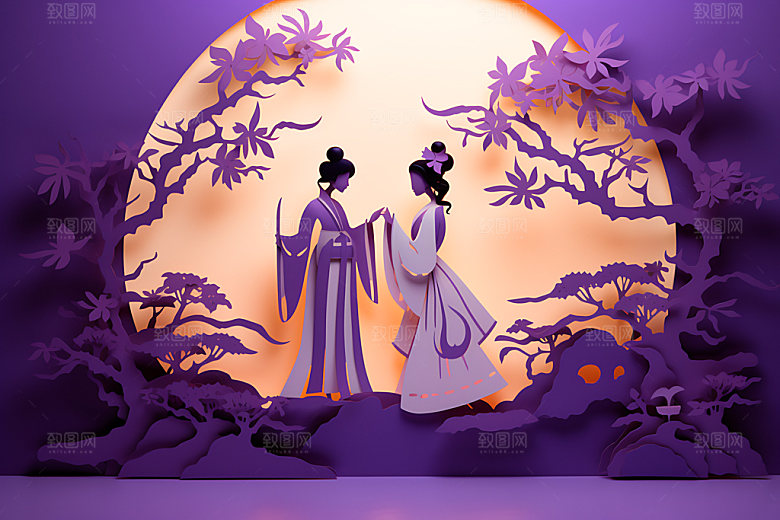 七夕中国风乞巧节剪纸风插画