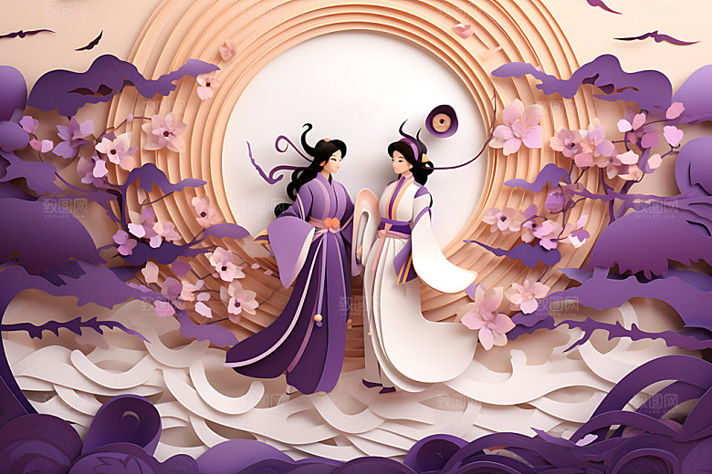 七夕爱情元素中国风剪纸风插画