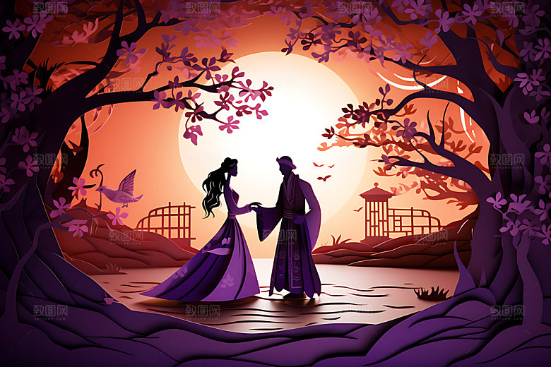 七夕中国传统情侣剪纸风插画