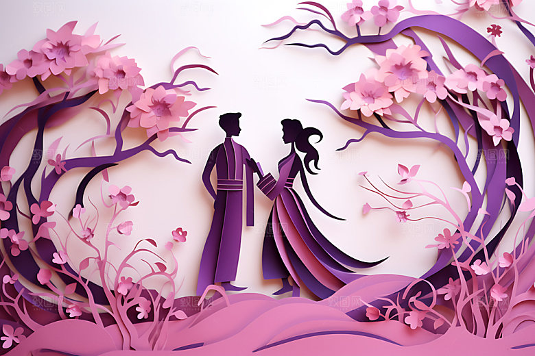 七夕中国风中式剪纸风插画