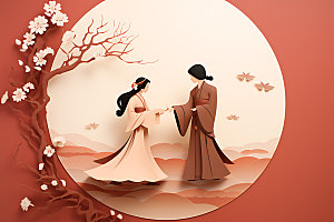 七夕中国传统情侣剪纸风插画