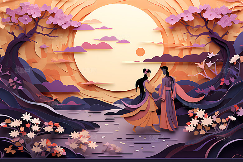 七夕中式乞巧节剪纸风插画