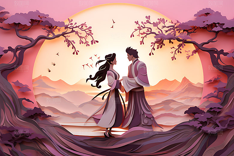 七夕中国情人节中式剪纸风插画