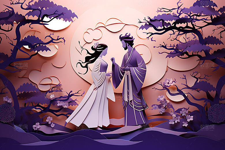 七夕牛郎织女乞巧节剪纸风插画